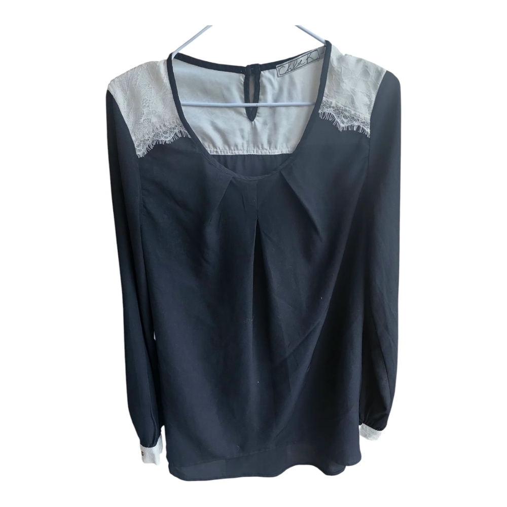 Chloe K  Womens Cream & Black Lace Blouse Size L